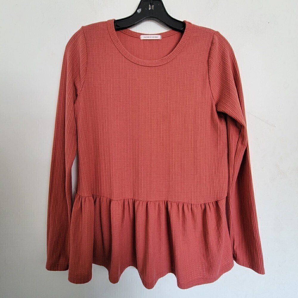 Caution To The Wind Waffle Knit Peplum Red Coral Long Sleeve Blouse Top Medium